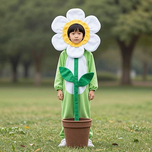 Photograph of an Asian boy in a green and white flower costume standing in a grassy park, with a brown pot at his feet. Background features