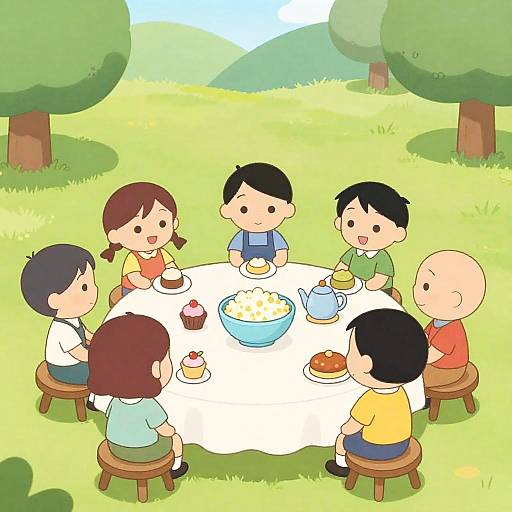 Cartoon Children Picnic Outdoors