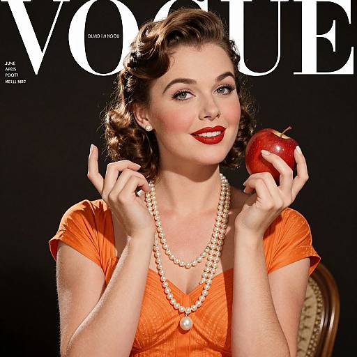 Vintage-style photograph of a fair-skinned woman with dark, wavy hair, red lipstick, orange dress, pearl necklace, holding a red apple,