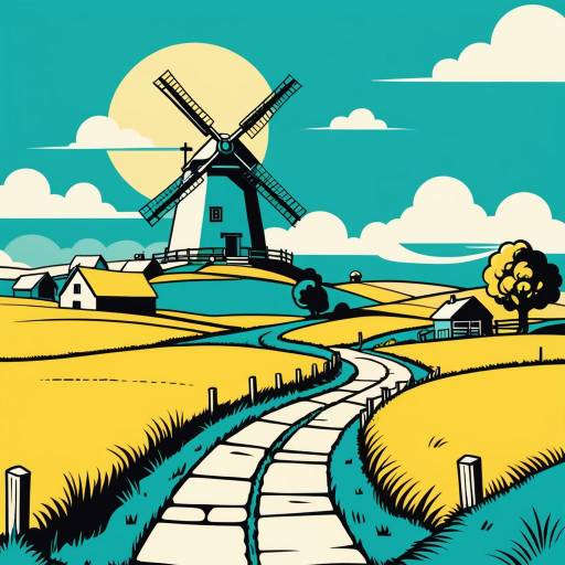 Stylized Windmill in Rural Landscape