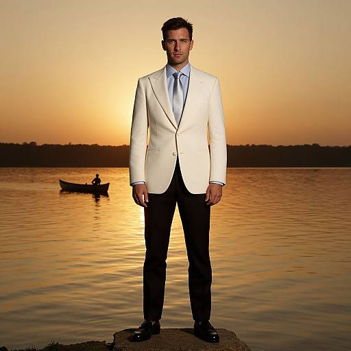 Photograph of a man in a white blazer, black pants, and tie, standing on a dock at sunset with a boat in the background.