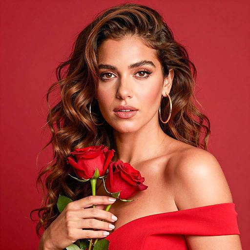 Woman in Red Dress Holding Roses