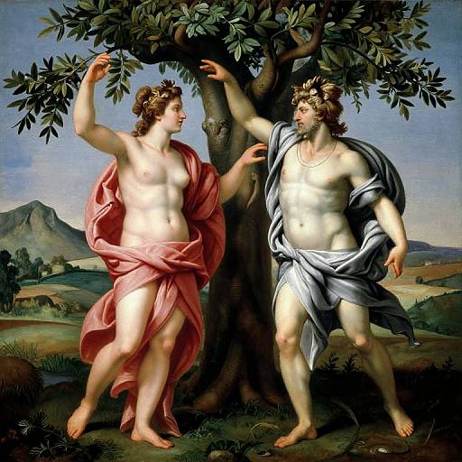 Renaissance painting of two nude, muscular, fair-skinned figures with flowing drapery, standing beside a tree in a pastoral landscape.