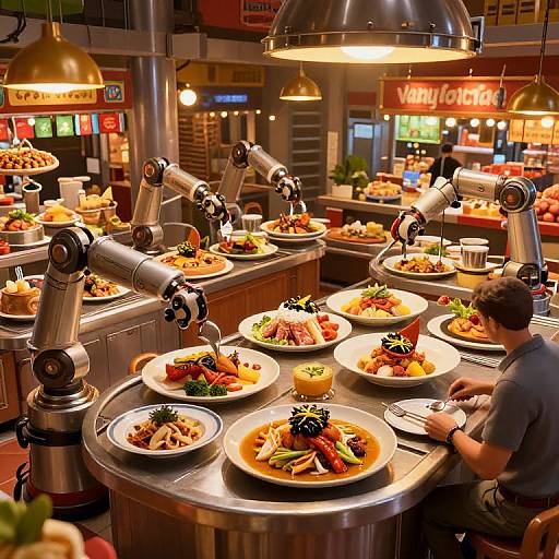 Photograph of a bustling restaurant kitchen with a man in a blue shirt serving colorful, gourmet dishes under industrial lights.