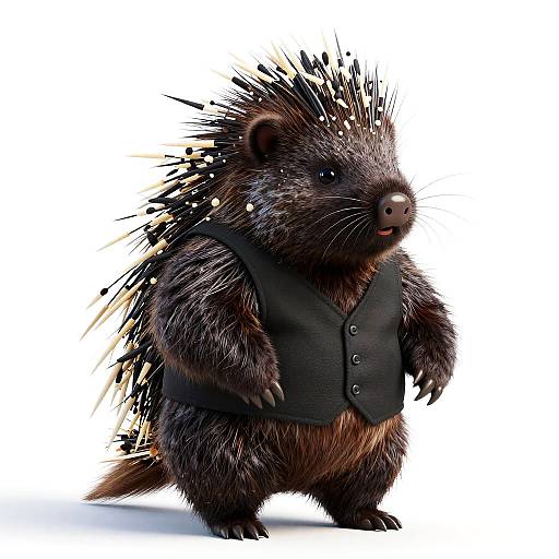 CGI image of a chubby, dark brown porcupine with black spikes, wearing a black vest, standing against a white background.