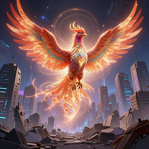 Digital art of a fiery, majestic phoenix with glowing orange and red feathers soaring above a futuristic, ruined cityscape.