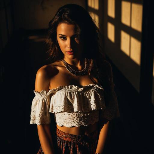Young Woman in Ivory Off-Shoulder Lace Top at Sunset