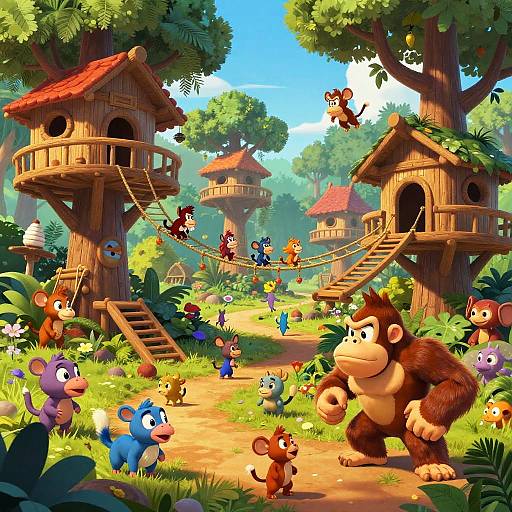 Colorful cartoon forest scene with various jungle animals, including a large brown monkey, in wooden treehouses with ladders and rope bridges. Bright, sunny