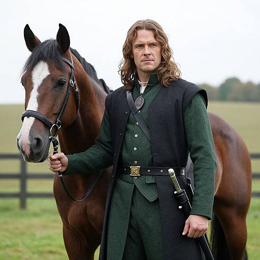 Photograph of a serious, long-haired man in green and black Highland attire, standing beside a brown horse with a white blaze. Rural field background with