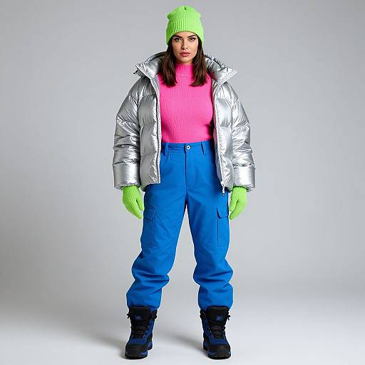 Photograph of a woman in a neon green beanie, pink sweater, silver puffer jacket, bright blue pants, green gloves, and black boots
