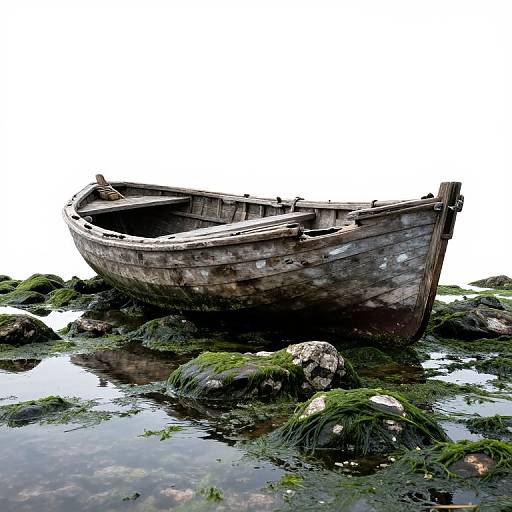 Photograph of a weathered, wooden boat resting on moss-covered rocks by a reflective, shallow water pool against a white background.