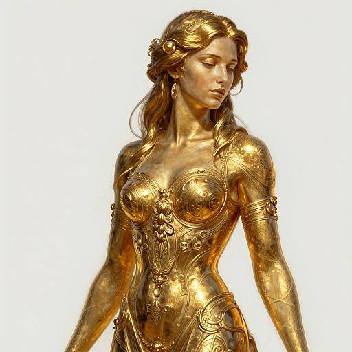 Digital artwork of a golden, classical-style woman with flowing hair, intricate armor-like bodice, and ornate patterns, standing against a white background.