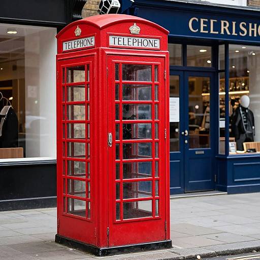 Photograph of a classic red British telephone booth standing on a city street in front of a black-framed storefront with 
