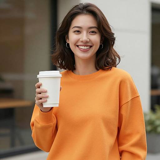 Smiling Woman in Orange Sweatshirt