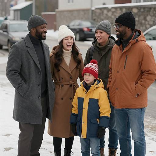 Group of People Smiling on Snowy Street