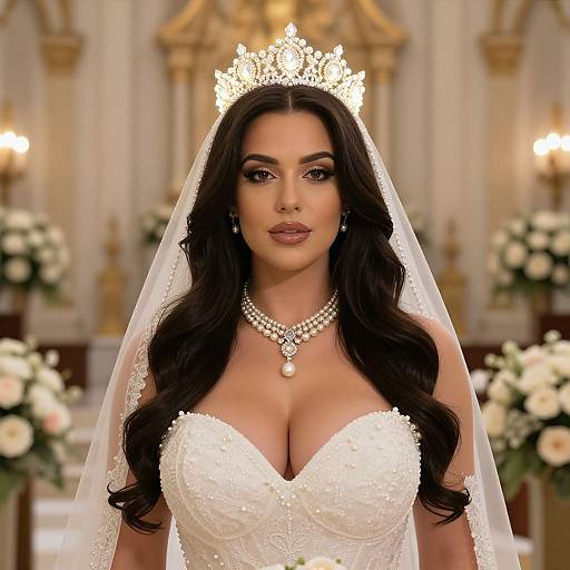 Photograph of a beautiful dark-haired bride with large breasts, wearing a white lace gown, pearl necklace, tiara, and veil, standing in an