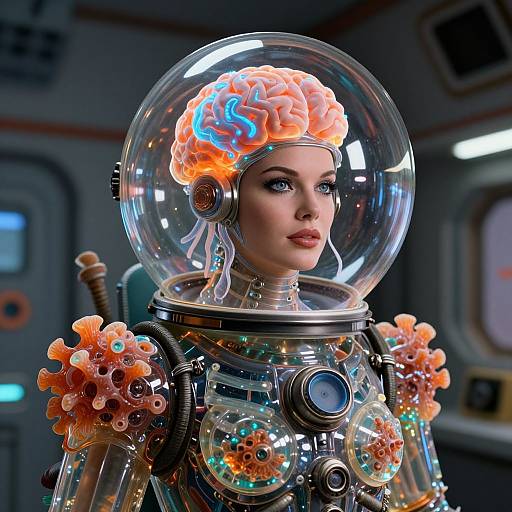Digital art of a futuristic astronaut with a brain-like orange hairpiece, wearing a transparent helmet and ornate, glowing space suit.
