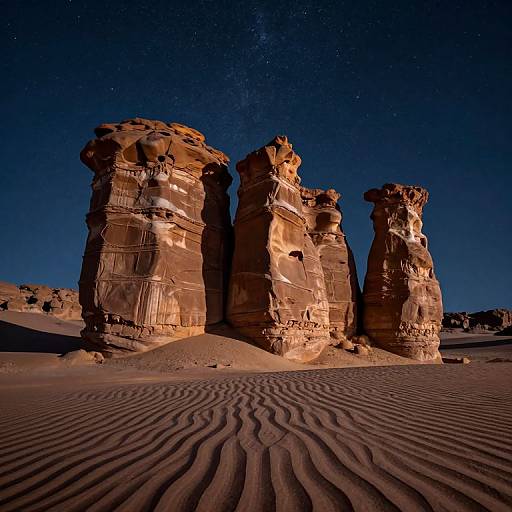 Photograph of three towering, illuminated sandstone formations under a starry night sky, with rippled sand dunes in the foreground.