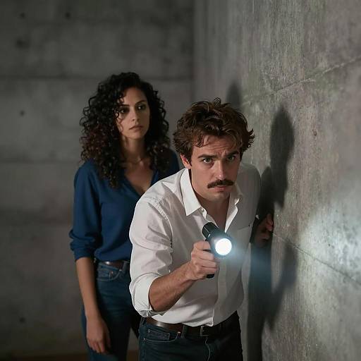 Man with Flashlight and Woman in Dimly Lit Concrete Room