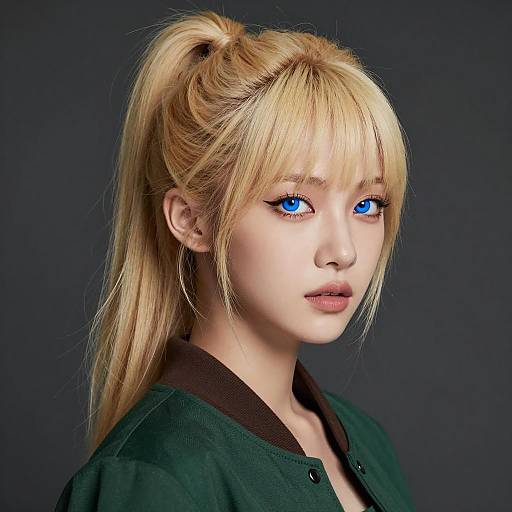 Blonde Woman with Blue Eyes and High Ponytail