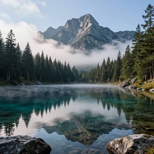 Photograph of a serene mountain lake reflecting towering pine trees and a rugged mountain peak, shrouded in mist, under a clear blue sky.