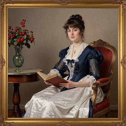 Photograph of a pale-skinned woman in a Victorian-style black and white dress, reading a book, with a vase of red flowers on a wooden
