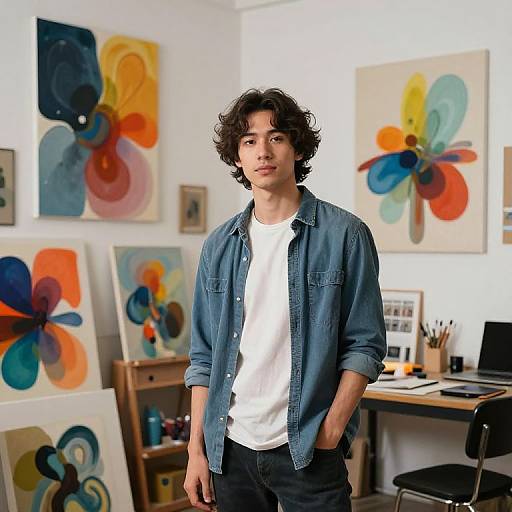 Photograph of a young man with curly brown hair, wearing a denim shirt and white t-shirt, standing in an art studio with colorful abstract flower paintings