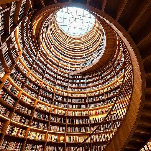 Photograph of a circular, multi-tiered wooden bookshelf library with a bright skylight at the center, filled with books on every shelf.
