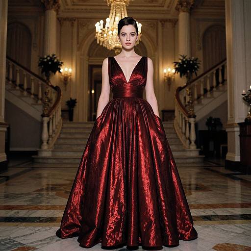 Photograph of a woman in a deep red, velvet, V-neck ball gown with a full skirt, standing in an opulent, grand hallway with