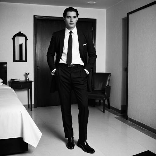 1950s Style Man in Dark Suit Standing in Hotel Room