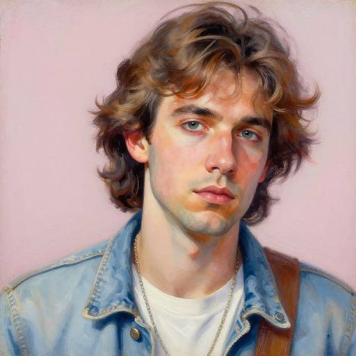 Digital portrait of a young man with wavy brown hair, blue eyes, wearing a blue denim jacket over a white shirt, against a pink background.