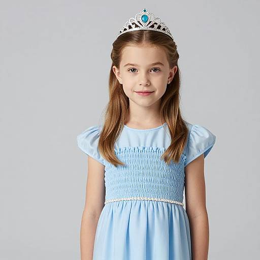 Photograph of a young girl with light brown hair, wearing a silver tiara and a light blue dress with short sleeves, against a plain white background