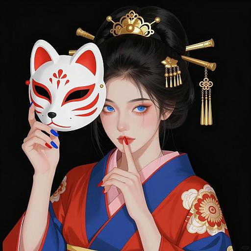 Mystical Woman with Fox Mask Illustration