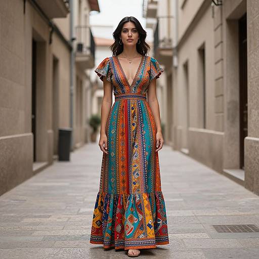 Photograph of a young woman with wavy black hair, wearing a colorful, patterned, V-neck dress, standing in a narrow urban alleyway