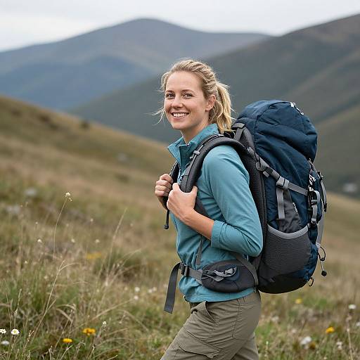 Photograph of a smiling blonde woman with blue shirt and green pants, carrying a large black backpack, hiking in a mountain meadow.