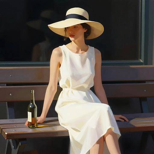 Photograph of a slender woman in a white sleeveless dress and wide-brimmed hat, sitting on a wooden bench with a bottle, in bright