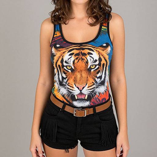 Photograph of a woman with wavy brown hair wearing a colorful tiger-print tank top and black fringed shorts, brown belt, against a plain gray