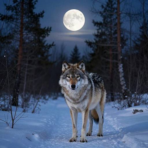 Photograph of a wolf standing in a snowy forest at night, with a full moon in the dark blue sky behind.