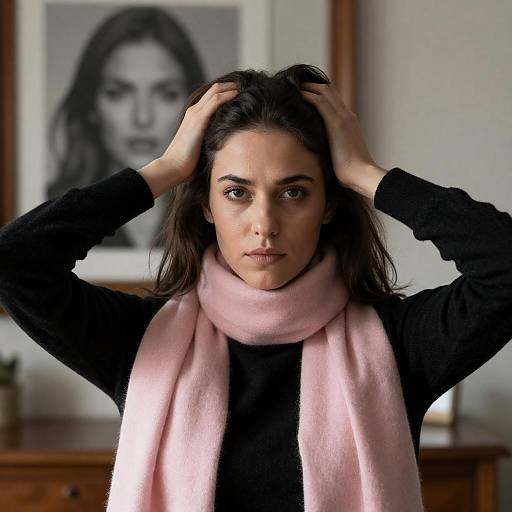 Serious Woman with Pink Scarf and Black Sweater