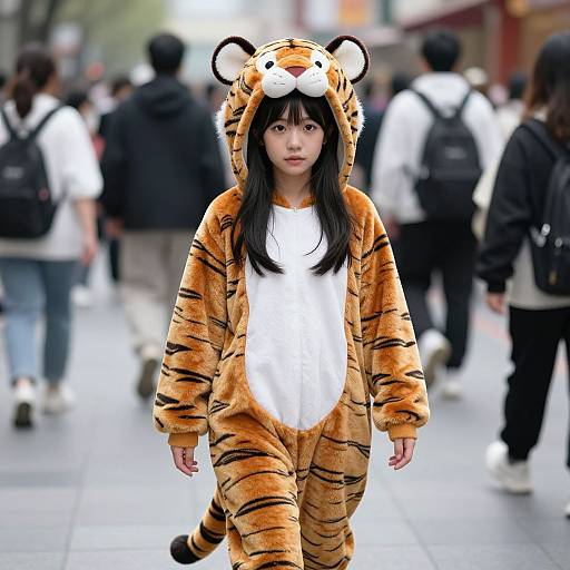 Photograph of a young Asian girl with long black hair, wearing a tiger costume with a white belly and black stripes, walking through a busy urban street