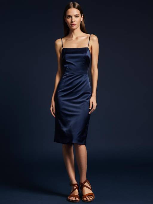 Elegant Woman in Navy Blue Evening Gown