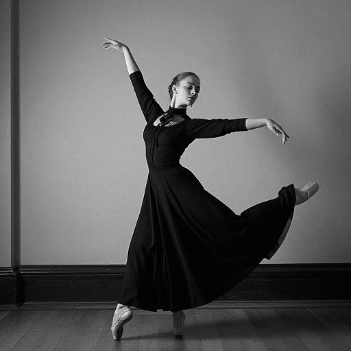 Black-and-white photograph of a female ballerina in a black dress, poised in an elegant ballet pose, with arms extended and one leg lifted,