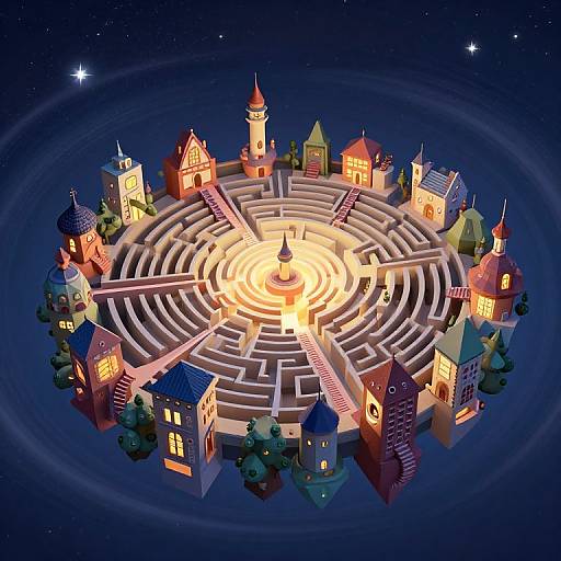 CGI image of a glowing, circular labyrinth surrounded by colorful, illuminated houses with chimneys, set against a starry night sky.