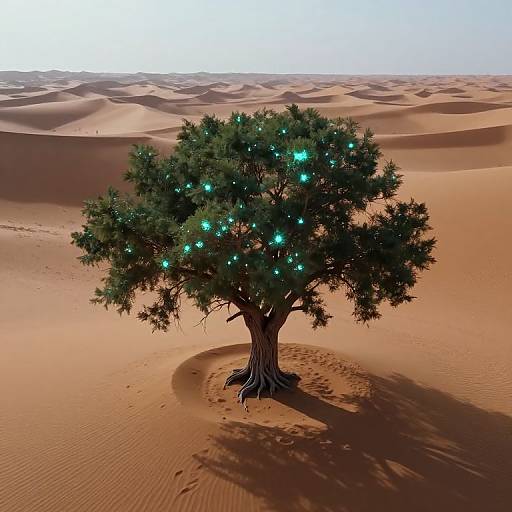 Photorealistic CGI of a lone, glowing tree with green lights in a vast, sunlit desert; shadows cast on orange sand dunes under a