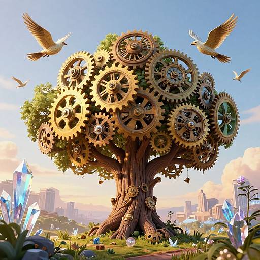 Digital artwork of a steampunk tree with large gears as leaves, surrounded by birds, crystals, and a cityscape in the background.
