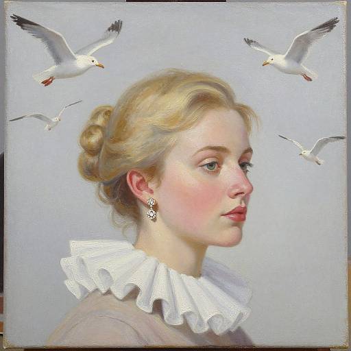 Realistic digital portrait of a blonde woman with delicate features, wearing a white ruffled collar, surrounded by three white seagulls.