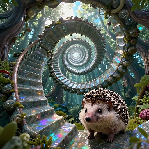 Digital art of a spiral staircase in a mystical forest, with a cute hedgehog at the bottom, surrounded by glowing iridescent lights and lush green