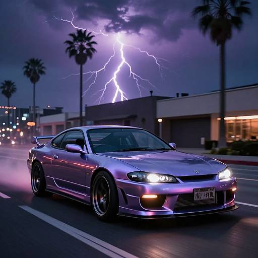 Photograph of a silver, modified Nissan sports car with neon lights, speeding on a street at night, with a dramatic lightning bolt illuminating the dark