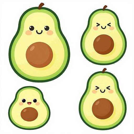 Cartoon illustration of four green-yellow pears with brown centers, each with a cute, smiling face and different expressions, on a white background.