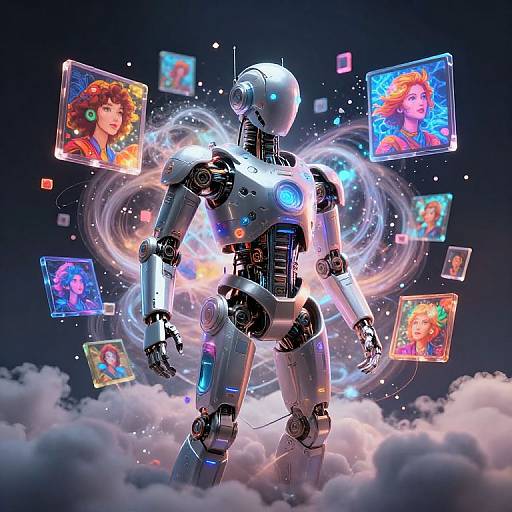 Digital CGI of a glowing silver robot standing on clouds, surrounded by floating, colorful portraits of smiling women against a dark, starry sky.
